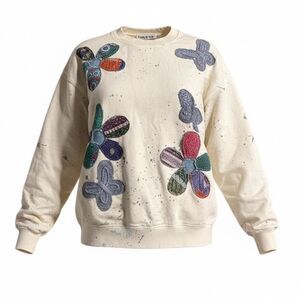 NWOT Tricia Fix Exclusive Denim & Kantha Patchwork Crewneck Sweatshirt in Ivory